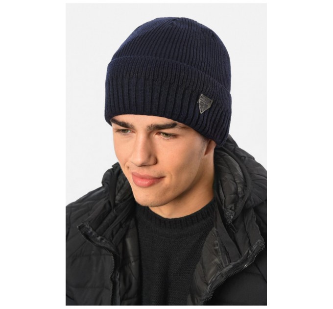 Шапка чоловіча з підворотом на флісе темно-синього кольору 191795L
