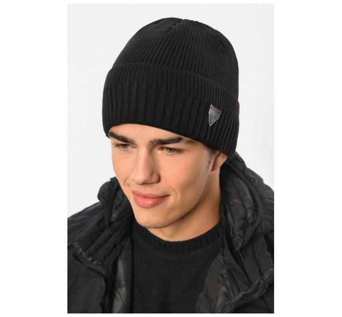 Шапка чоловіча з підворотом на флісе чорного кольору 191797L