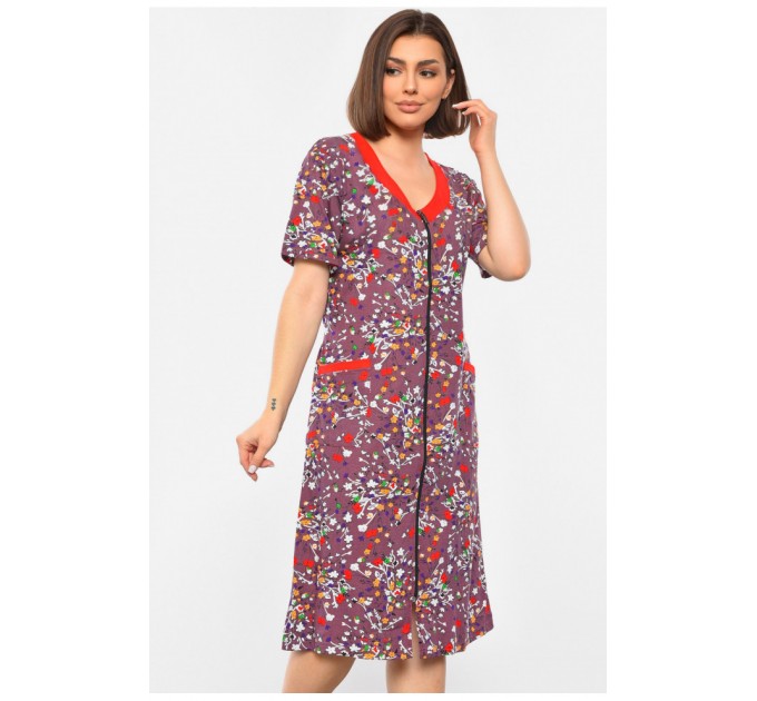 Халат женский полубатальный с принтом красного цвета 193004L