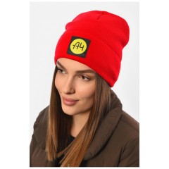 Шапка жіноча зимова на флісі однотонна червоного кольору 193189L