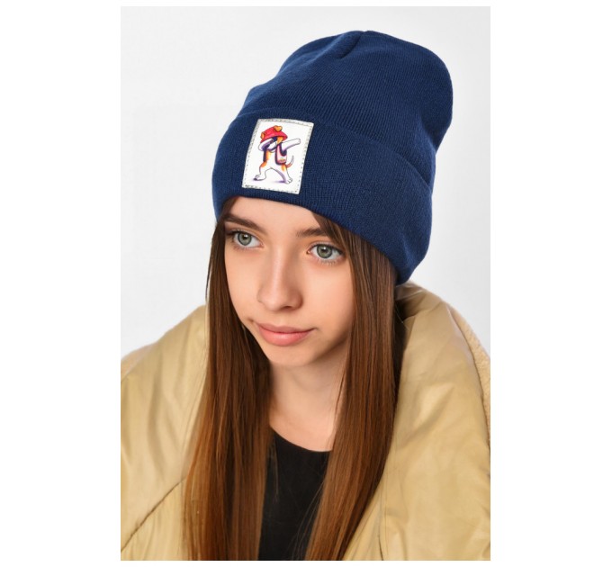 Шапка зимова підліткова з нашивкою синього кольору 193226L