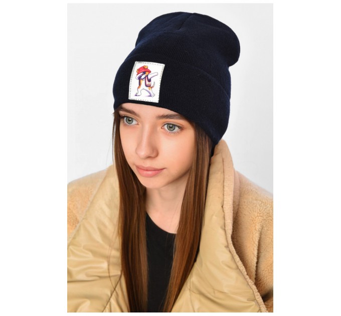 Зимняя шапка подростковая с нашивкой темно-синего цвета 193227L