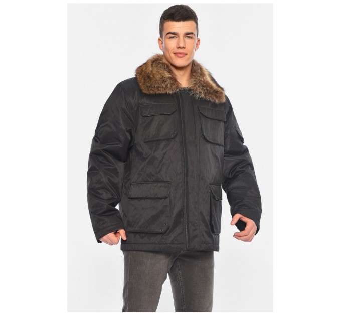 Куртка мужская полубатальная еврозима с натуральным мехом черного цвета 195688L