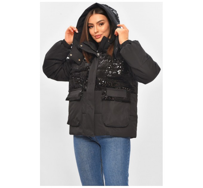 Куртка жіноча демісезонна з паєтками чорного кольору 206108L
