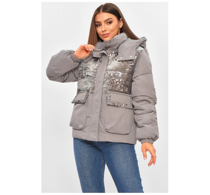 Куртка жіноча демісезонна з паєтками сірого кольору 206111L