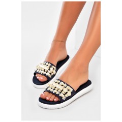 Шльопанці жіночі темно-синього кольору з намистинами 163886L