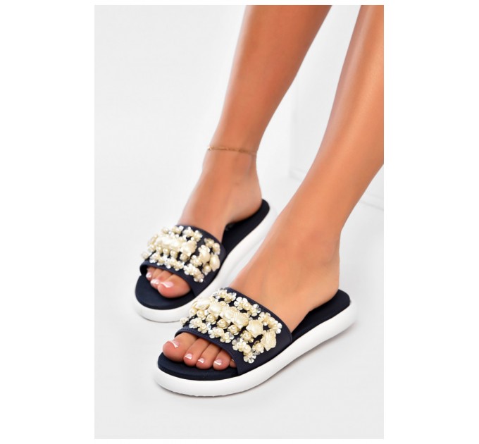 Шлепанцы женские темно-синего цвета с бусинами 163886L