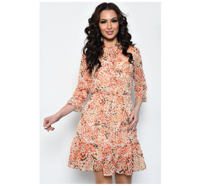 Платье женское шифоновое молочного цвета с разноцветными узорами 171593L