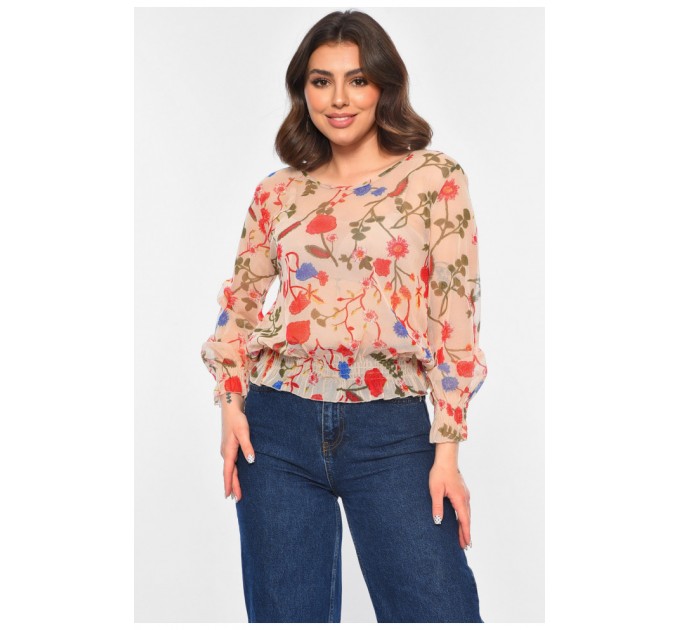 Блуза жіноча в сіточку з принтом бежевого кольору 173815L