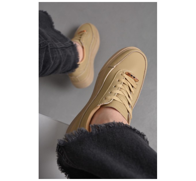 Кросівки жіночі натуральна шкіра темно-бежевого кольору на шнурівці 176420L