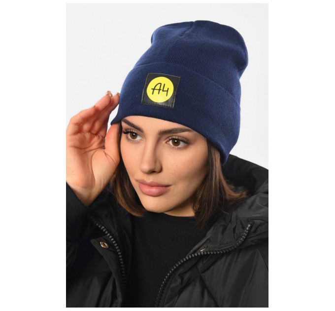 Шапка женская зимняя на флисе однотонная темно-синего цвета 193193L