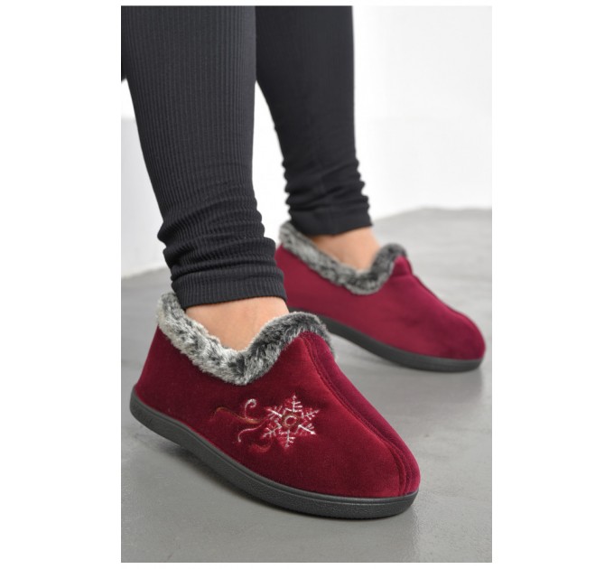 Капці жіночі на хутрі бордового кольору з візерунком 193291L