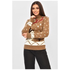 Светр жіночий з новорічним принтом коричневого кольору 193293L