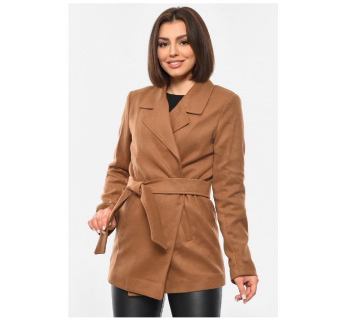 Пальто жіноче на запах коричневого кольору 193361L