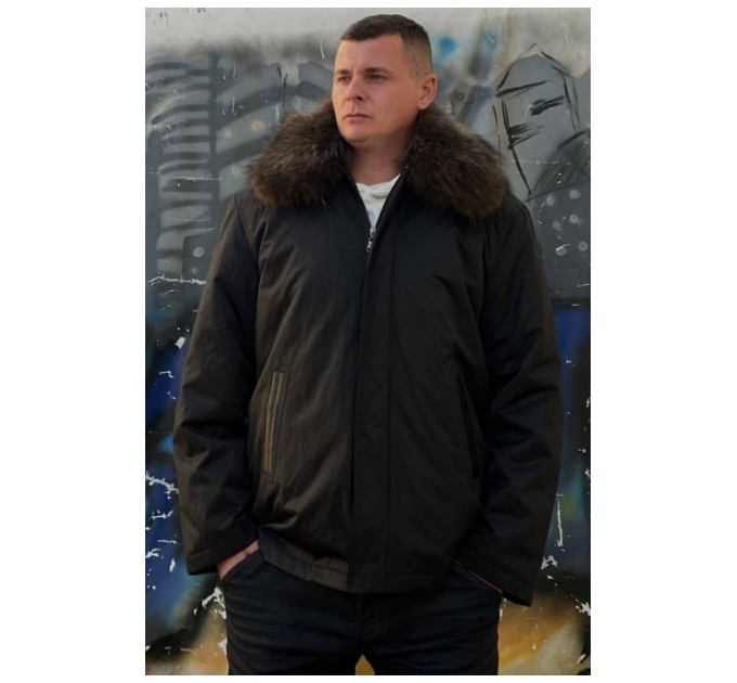 Куртка мужская полубатальная еврозима с натуральным мехом черного цвета 195694L