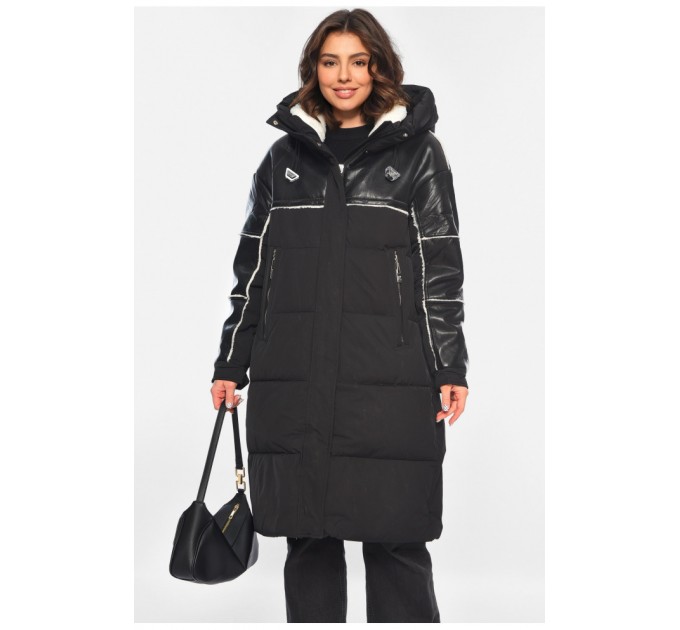 Куртка-дублянка жіноча подовжена єврозима чорного кольору 195796L