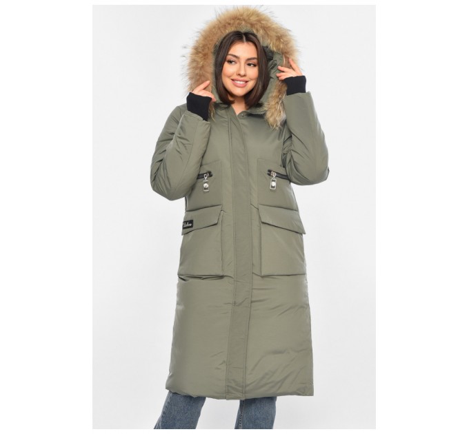 Куртка жіноча подовжена зима темно-зеленого кольору 196300L