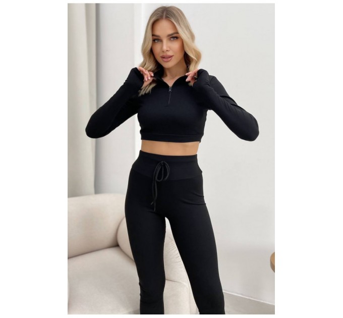 Спортивный женский костюм однотонный черного цвета 198401L