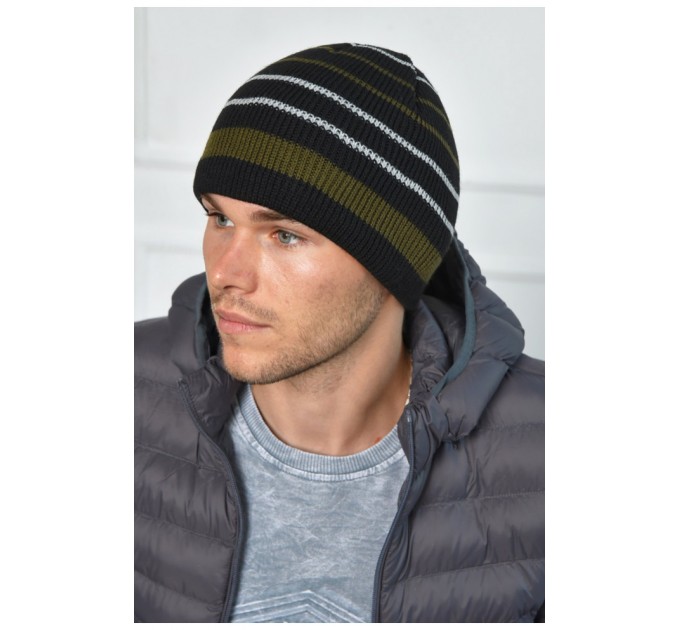 Шапка чоловіча на флісі в чорно-зелену смужку 204454L