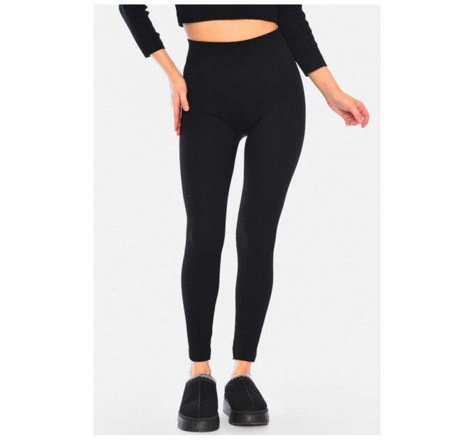 Лосини жіночі термо в рубчик на штучному хутрі чорного кольору 187644L