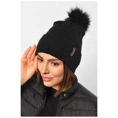 Шапка демисезонная женская однотонная с бубоном черного цвета 188207L