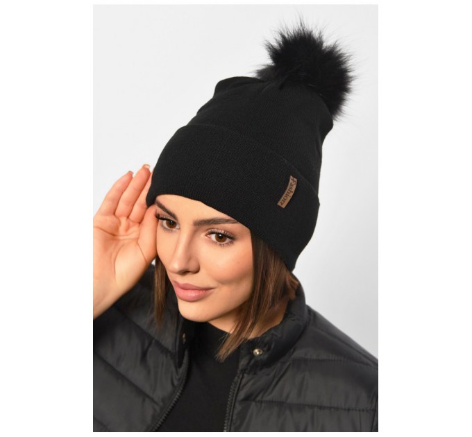 Шапка демисезонная женская однотонная с бубоном черного цвета 188207L
