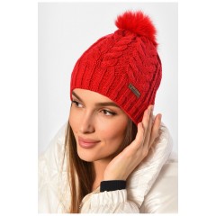 Шапка жіноча зимова на флісі однотонна з бубоном червоного кольору 188217L