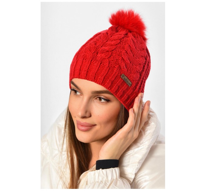 Шапка жіноча зимова на флісі однотонна з бубоном червоного кольору 188217L