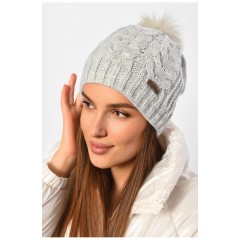 Шапка женская зимняя на флисе однотонная с бубоном светло-серого цвета 188220L