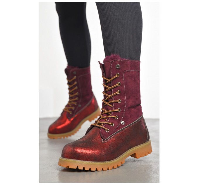 Черевики жіночі зимові на хурті темно-червоного кольору 189768L