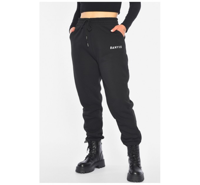 Спортивні штани жіночі на флісі чорного кольору 190456L