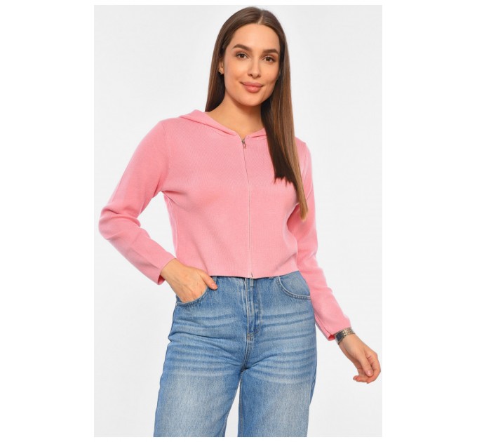Кофта жіноча акрилова на блискавці з капюшоном рожевого кольору 191863L