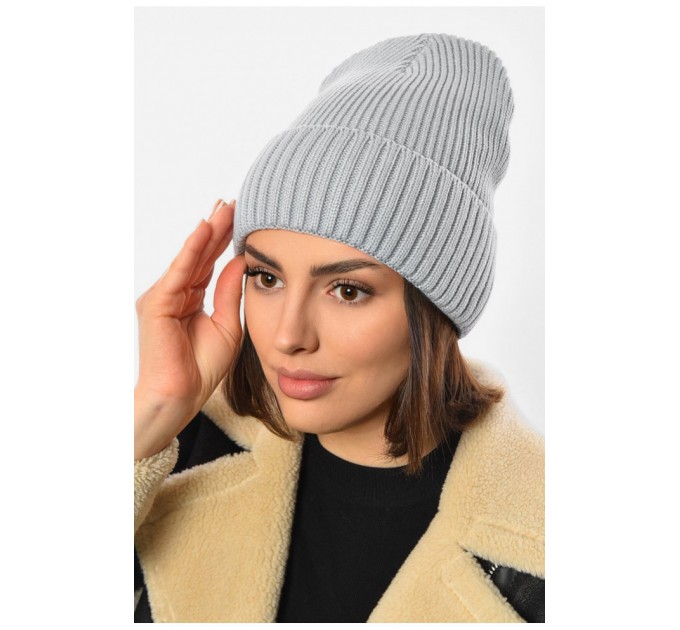 Шапка женская зимняя на флисе однотонная серого цвета 193207L