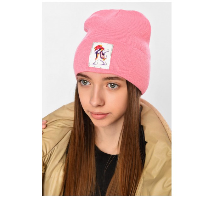 Шапка зимова підліткова з нашивкою рожевого кольору 193214L