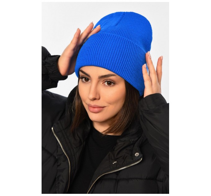 Женская шапка зимняя однотонного синего цвета 194148L