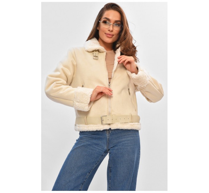 Дубленка женская молочного цвета на искусственном меху 205627L