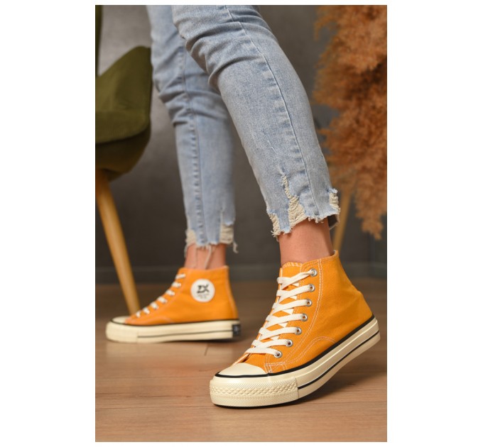 Кеди жіночі високі помаранчевого кольору на шнурівці текстиль 206218L