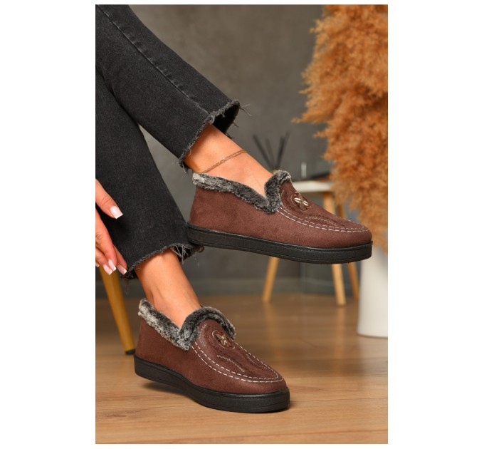 Тапочки женские на меху коричневого цвета 206306L