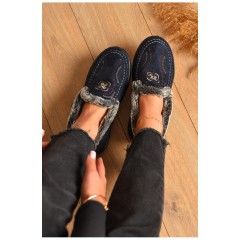 Тапочки женские на меху синего цвета 206307L