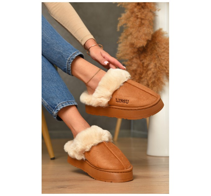 Домашні капці жіночі на хутрі коричневого кольору 206333L