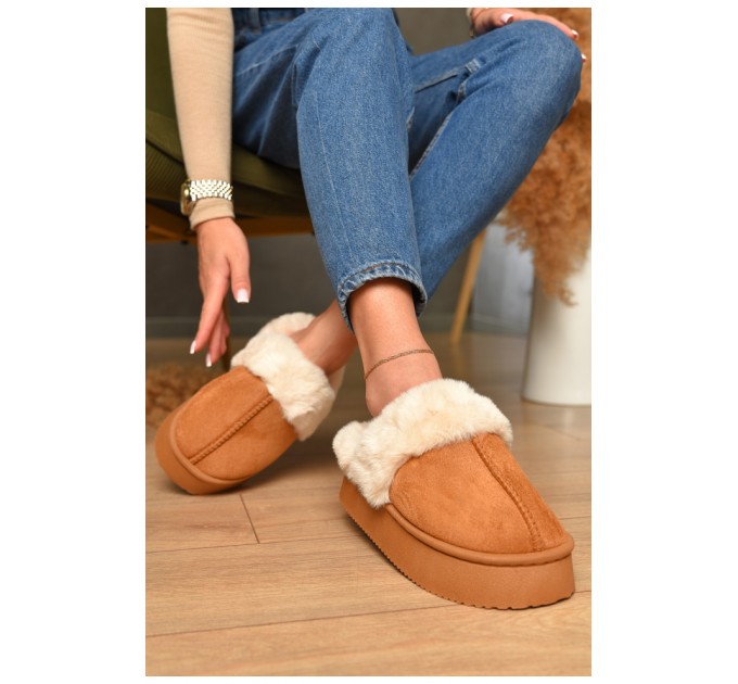 Домашні капці жіночі на хутрі коричневого кольору 206334L