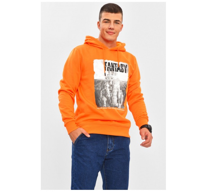 Худі чоловіче на флісі помаранчевого кольору з принтом 206448L