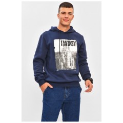 Худі чоловіче на флісі темно-синього кольору з принтом 206449L Худі чоловіче на флісі темно-синього кольору з принтом 206449L