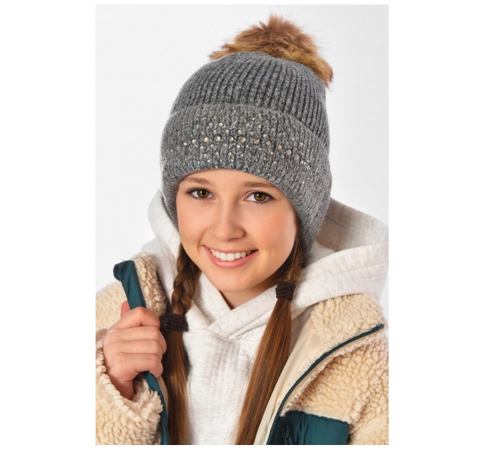Шапка дитяча тепла сірого кольору для дівчинки на 10-14 років 153179L
