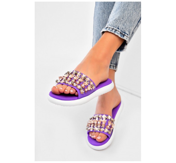 Шльопанці жіночі бузкового кольору з намистинами 163888L