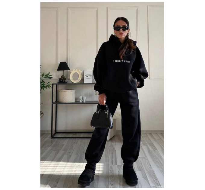 Спортивний костюм жіночий на флісі чорного кольору 165349L