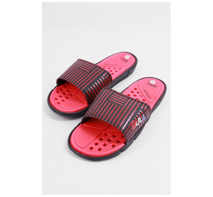 Шльопанці чоловічі чорно-червоного кольору з геометричним візерунком 179502L