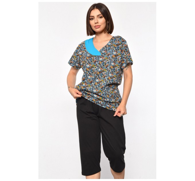 Костюм женский домашний полубатальный бирюзового цвета с принтом 185734L