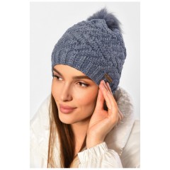 Женская шапка зимняя на флисе однотонная с бубоном голубого цвета 188213L