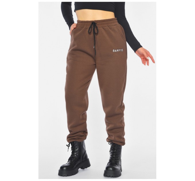 Спортивні штани жіночі на флісі коричневого кольору 190457L